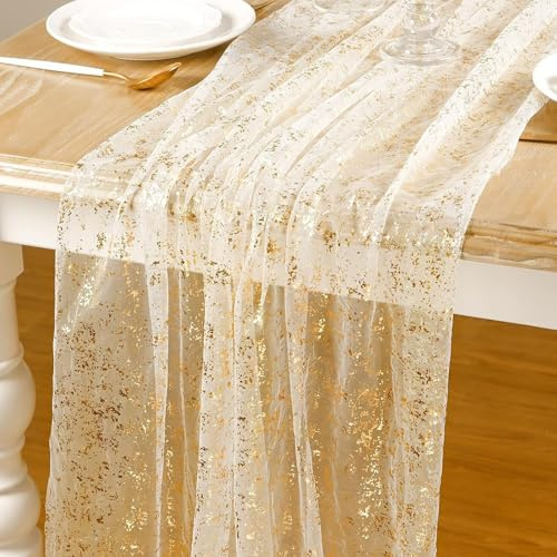 Wisebom Chemin de Table en Or, 300 × 70 cm Chemin de Table Doré Tulle Pailleté Organza Table Métallisé Decoration Table Anniversaire pour Fête Dîner Mariage Anniversaire ou Noël (Or)