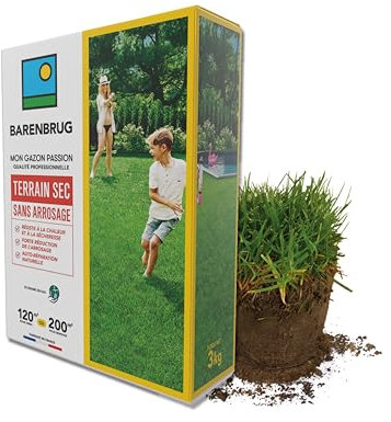 BARENBRUG - Gazon Terrain Sec sans arrosage - Résiste à la Chaleur et à la Sécheresse - Forte Réduction de l’Arrosage - Autoréparation Naturelle - Économe en Eau - Fabriqué en France - 3KG