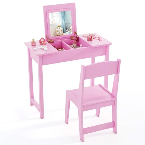 COSTWAY Kids Vanity Set, 2 in 1 Dressing Table with Flip Top Mirror, Hidden Storage Space, Wooden Toddler Makeup Pretend Dresser Table and Chair Set (Pink)
