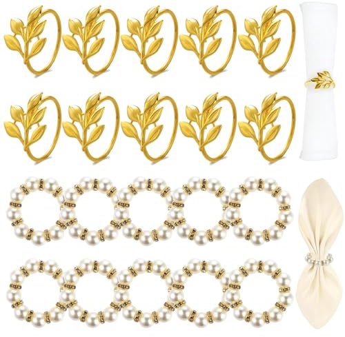 20 st individuella servettringar, guld, pärlservettringar, eleganta servettringar, servettringar i tyg, pilbladsform för bordsdekoration (guld, vit)