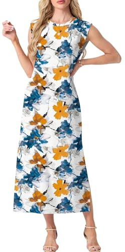 GRECERELLE Womens Summer Maxi Long Dress Casual Flower Sleeveless Crew Neck Split Hem Shift Dresses with Pocket for Ladies UK (Watercolor Floral, M)