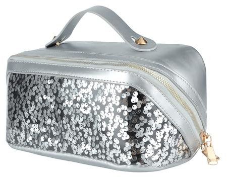 Travel Makeup Bag,Makeup Organizer Bag,Toiletry Bag,Large Capacity with Glitter Sequin Cosmetic Bag,Open Flat Toiletry Bag Make up Organizer with Divider and Handle, Silver, Large Capacity Glitter