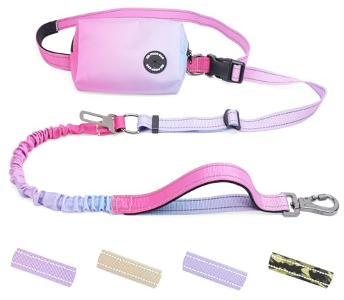COSOWO Hands Free Dual Handle Retractable Bungee Leash with Reflective Trim, Adjustable Waist Belt for Dog Walking, Running, Hiking - Durable Nylon Leash for Medium Large Dogs, Pink