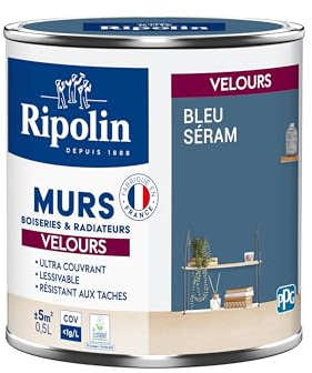 RIPOLIN - Peinture Intérieure Multi-Supports – Murs, Boiseries & Radiateurs – Ultra couvrante - Monocouche - Confort d'application - Aspect Velours - Bleu Seram - 0,5L