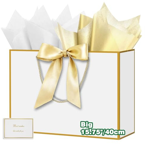 HONTIUS 15,75'' Sacchetti Regalo, Bianco Sacchetto Regalo Grandi Maxi XXL con Carta Velina, 40 * 30 * 12.5cm Elegante Borsa Busta Regalo grande Compleanno per Bambini Donne Ragazze Nozze Natale C