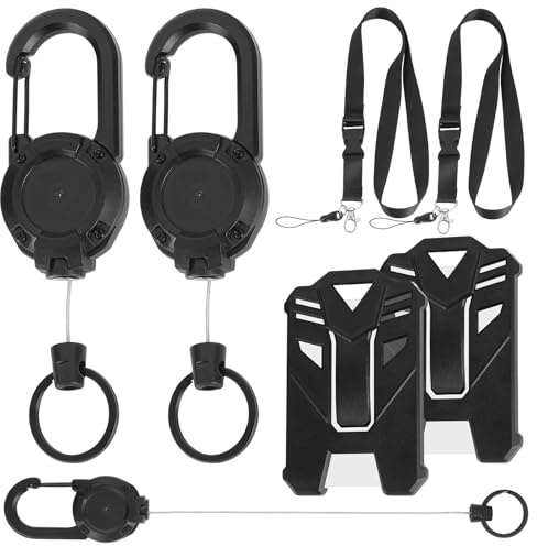 2 Pack Retractable Keychain, Heavy Duty Badge Reel with 23.6'' Steel Cord, Retractable Keyring with 2 PCS Card Holder and 2 PCS Detachable Lanyard for Outdoor, ID Card, Security Pass (Black)