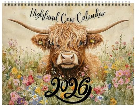 Masoog Calendrier mural 2026 – Calendrier de vache Highland – Planificateur de 12 mois pour l'école, la salle de classe, le bureau, l'appartement, la , les enseignants, les élèves, Noël, les