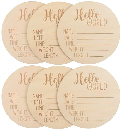 Hagao Hello World Wooden Birth Announcement Disc, Premium Birch Wood Round Plaque with Deep Etched Lettering, Newborn Baby Information Display Board 6PCS