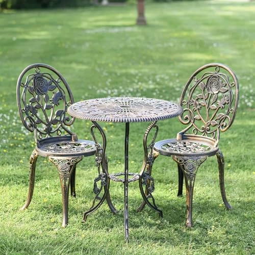 Juego de bistró de 3 piezas de bronce cepillado, elegante mueble de comedor de aluminio fundido para dos, perfecto para uso en jardín o balcón al aire libre