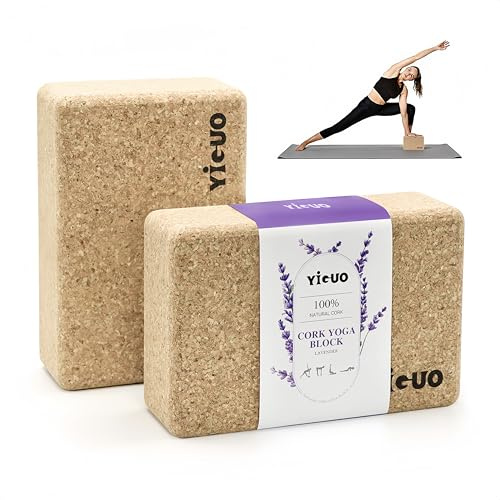 YIGUO Cork Yoga Blocks 2 Pack, High Density Soft Non-Slip Yoga Blocks, Eco-Friendly Yoga Accessories for Yoga, Pilates, Stretching, Home Gym, 9x6x3,Lavender Scented