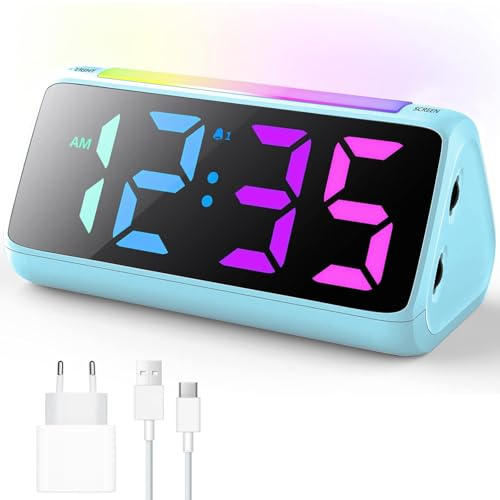 Väckarklocka digital väckarklocka barn med ljus, färgglad LED-skärm, 0–100 % ljusstyrka dimmer, 2 larm, snooze, 3 volymer, USB-laddningsport, barnväckarklocka för sovrum, nätströmsdrift