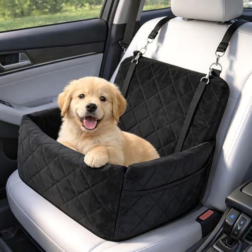 Asiento de coche para perros pequeños, asiento para perros con bolsillos de almacenamiento, asiento de coche grueso para perros, cama elevadora para asiento trasero, asiento delantero, 2 cinturones de
