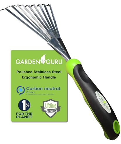 Garden Guru Stainless Steel Hand Rake Soil Tiller with Ergonomic Handle, Great for Gardening, Cultivating, Loosening Soil & Spreading Mulch, Raking Flower Beds