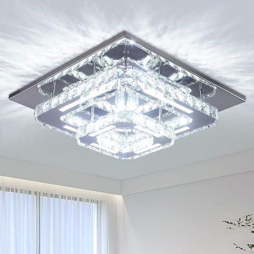 CXGLEAMING 12 Crystal Chandelier Ceiling Light Living Room Modern LED Light Fittings Ceiling Flush Mount Square Chandelier for Bedroom Bathroom Entryway Hallway Light Fixture,Cool White
