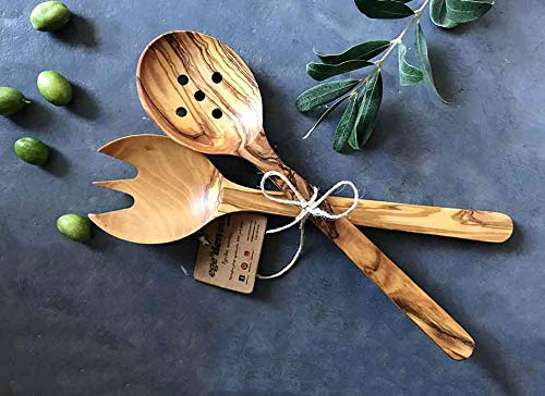 Ensemble à salade en bois d'olivier, fourchette à salade, cuillère avec trous, service à salade en bois, cuillères à salade faites à la main, ustensiles de service