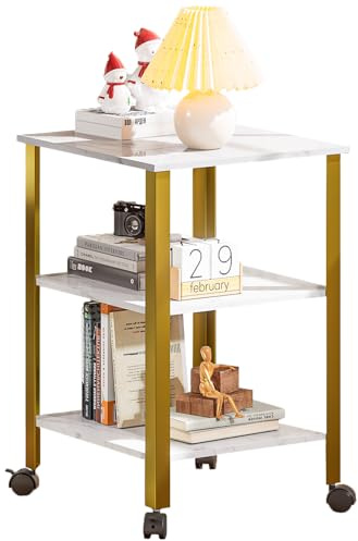 Side Table, End Table with Wheels, Printer Stand with 3-Tier Storage, Bedside Table,Telephone Table,Square Small Side Table for Living Room, Bedroom, Office, Kitchen, Metal Frame, Easy Assembly -White