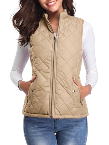 fuinloth Damen Weste, Herbst Leichte Steppweste Westen Ärmellos Jacke Kurz Vest Gilet Khaki XXL