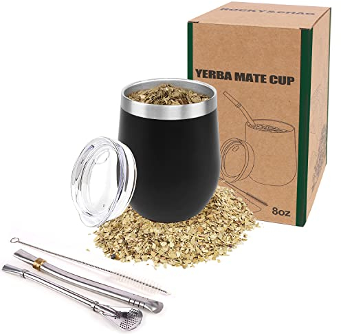 ROCKY&CHAO 8Oz Yerba Mate Gourd Set - Stainless Steel Modern Mate Cup with 2 Bombilla Straws, Cleaning Brush, BPA-Free Lid - Double-Walled for Hot & Cold Drinks, Ideal for Tea and Coffee