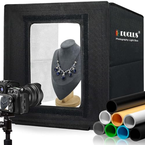 DUCLUS Light Box Photography 40cm / 16 x 16'', Portable Photo Booth Box with Adjustable 160 LED Lights & 8 Photo Backdrops for Product Photography