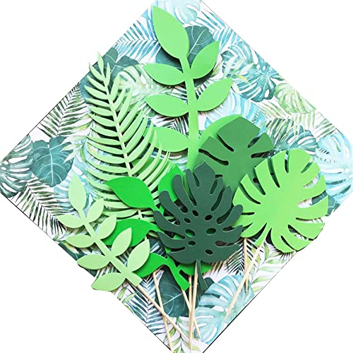 14Pcs Tropical Palm Leaves Cake Topper Artificial Palm Leaves Glittery Tropical Leaves Cake Topper Tropical Wedding Cake for Jungle Theme Birthday Party Decor Safari