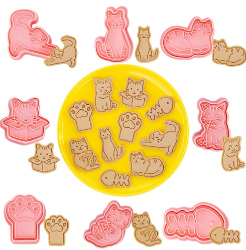 8 Stück Katze Ausstecher Ausstechform,Katze Keksausstecher Set,Fondant Cookie Cutter für Kekse,Keksstempel 3D Ausstechformen für Kekse, Cartoon-Motiv, für Kinder Party