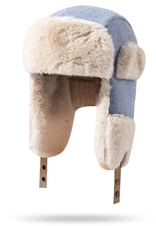 CLAPE Vintermössa med öronlappar fuskpäls pilotmössa snötät trooper trapper-mössa, varm pälsmössa, bomberhatt, PL18-Light Blue, En Storlek