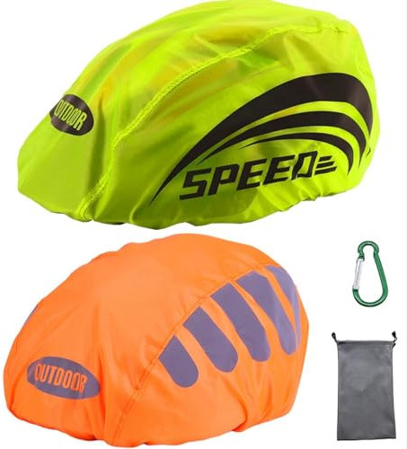LandJoy Helmüberzug Fahrradhelm Regenschutz Fahrrad Helm Cover Regen mit Reflektoren Elemente, Wasserdicht Windabweisend Atmungsaktiv (1 * grün，1 * orange)