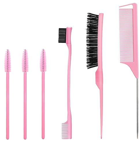 6 Stück Haarkamm-Set, Borsten Haarbürste, Pflege Kanten Bürste, Robuster Rattenschwanz Kamm, Sleek Bun Bürste, Edges Brush, Geeignet für Friseure und Damen (Rosa)