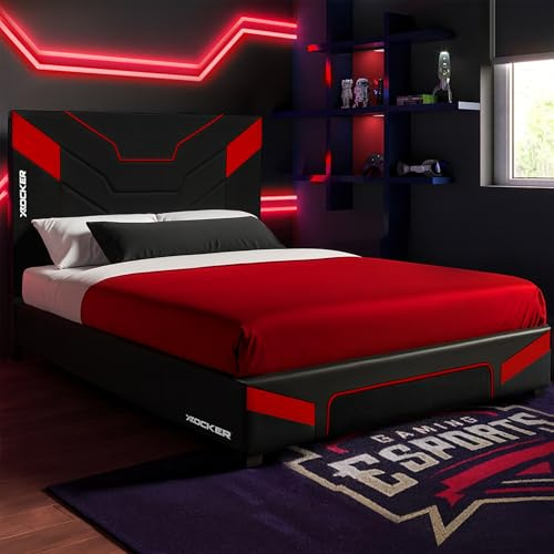 X Rocker Cerberus MKII 4ft Small Double, Gaming Upholstered Bed Frame - Flat-pack for Easy Assembly, Breathable Comfort, Wooden Slats, Wipe-Clean Faux Leather for Kids & Teens - Carbon Red - 120x190cm