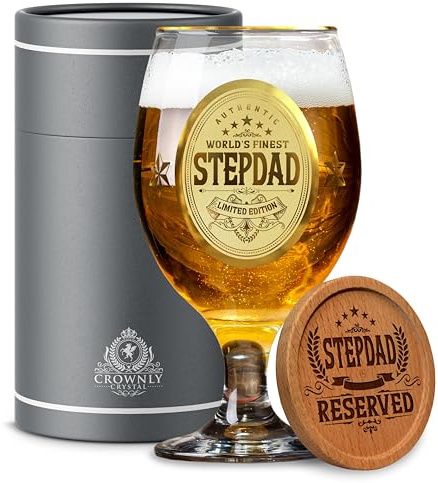 CROWNLY CRYSTAL® Step Dad Birthday Gifts Personalised Beer Glass Fathers Gifts from Daughter Son Pint Engraved Glass