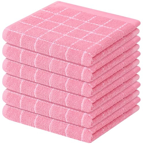 Mordimy Paños de Cocina de Rizo 100% algodón, Suaves y absorbentes, paños de Cocina a Cuadros, Trapos de Secado rápido para Lavar Platos, Paquete de 6, 12 x 12 Pulgadas, Color Rosa