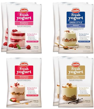 EasiYo Yogurt 7 Sachet Pack | EasiYo Mixed Pack | 2 x Vanilla 2 x Greek Style Natural 2 x Rasberry 1 x Strawberry | Each Sachet Makes 1kg of Yogurt