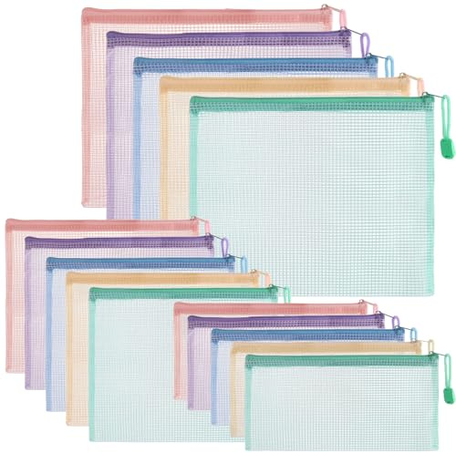 ASelected 15 Pieces Document Bag A4+A5+A6 Mesh Document Bags Zip Bag for File Paper Travel Make-Up Bag (5 Colours)