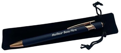 Créa03 Stylo en métal bleu marine gravé Meilleur Beau Père livré avec sa petite pochette noire en velours, Noël, anniversaire, fête des pères, beau papa, idée cadeau homme