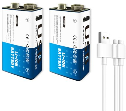 2 Pack USB 9V Li-ion Rechargeable Battery, High Capacity 650mAh Rechargeable 9V Battery, 1.5 H Fast Charge, 1200 Cycle with Type C Port Cable, for Smoke Alarms,Multimeters,Microphones, Walkie Talkie