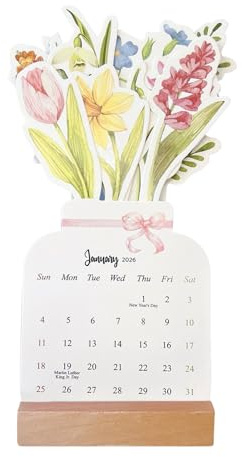 Blommig skrivbordskalender 2026 | Blommig mini skrivbordskalender med träbas, dekorationsschema planerare för hemmakontor sovsal studio skola