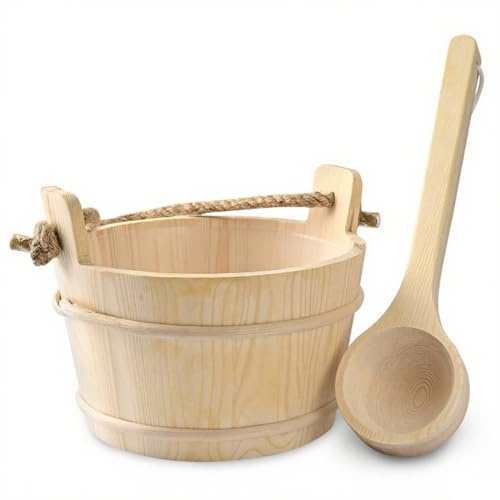 Set di secchio e mestolo per sauna, secchio da bagno di capacità da 4 litri con manico in corda naturale, accessori per sauna per uomini e donne, da bagno, in legno per sau