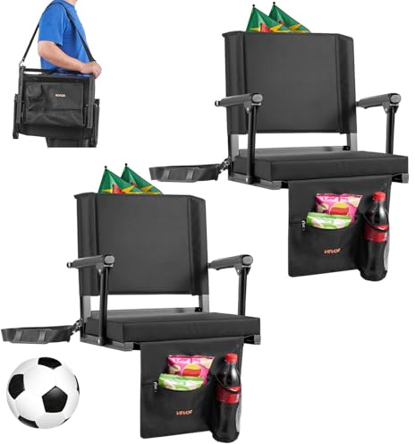 VEVOR Sedia da Stadio Portatile con Schienale e Braccioli Cuscino da Stadio con Tracolla e Gancio Sedile a Pavimento per Eventi Sportivi Larghezza Totale 474,98 mm, Confezione da 2, Nero