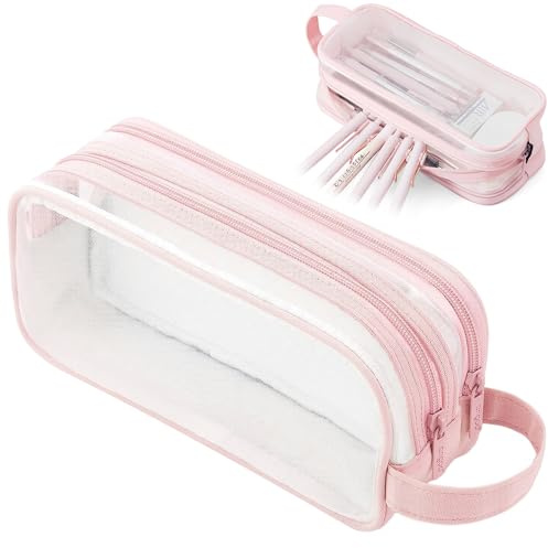 SENLINLU Pencil Case, Large Capacity Clear Transparent Mesh Pencil Pouch with Zipper, Dual 2 Compartments Portable Multifunctional Stationery Makeup Bag for Exam School Office Boys Girls Students
