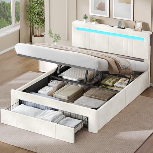AGOLLATI Camas Matrimoniales 140x190 con Almacenamiento Hidráulico, Somier Tapizado con LED Cama Juvenil Canapé con Estación de Carga Cama con Cabecero Ajustable y Cajones Marco de Cama Terciopelo