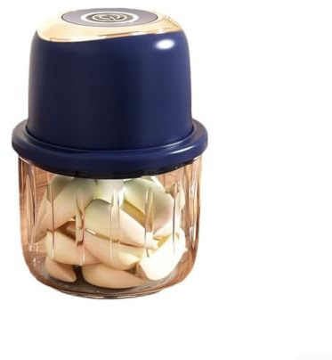 Trådlös vitlökstrimlare med 6 blad av rostfritt stål elektriska kryddkvarn, 350 ml glasskål, snabbhackare för kök 10,5 x 14 cm (blå 1)
