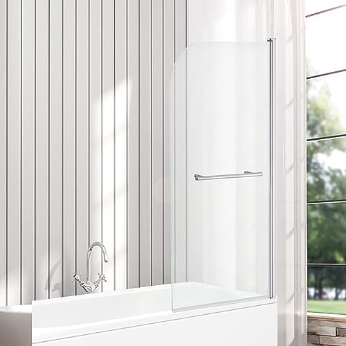 VeeBath RST035 Jade 6mm Curved Edge Toughened Safety Glass Bath Screen Panel with Towel Rail Shower Chrome - 1400x800mm
