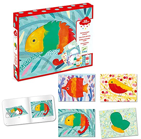 DJECO Kit Peinture Propre et Facile Multicolore, dès 18 Mois - Créativité sans Désordre - 4 Pochettes Illustrées Rinçables, 4 Couleurs de Peinture - Apprentissage Couleurs et Animaux