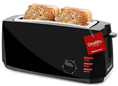 Elite Gourmet ECT4829B Long Slot 4 Slice Toaster, 6 Toast Settings Toaster Defrost, Reheat, Cancel Functions, Slide Out Crumb Tray, Extra Wide Slots for Bagels Waffles, Black