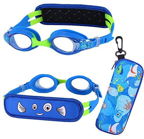RUIGAO Kids Swim Goggles Age 2-8，Kids Goggle Fabric Strap Pain Free & No Tangle, Toddler Swimming Goggles with Character Casee Blue Toddler Goggles for Boys