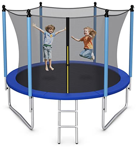 GYMAX Trampoline d'Extérieur Enfant, Trampoline de Jardin en Acier & PE+PVC, Trampoline de Loisirs avec Filet de Sécurité & Échelle, Supporte Jusqu'à 80/100/150/150 kg, Noir + Bleu (Ø305cm)