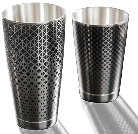 Kidia Boston Shaker Professionnel en Acier Inoxydable 304 avec Motif Géométrique Noir – Set 2 Tins 828 ml + 424 ml – Coffret en Bois Inclus – Kit Barman pour Cocktails, Bar (Classique)