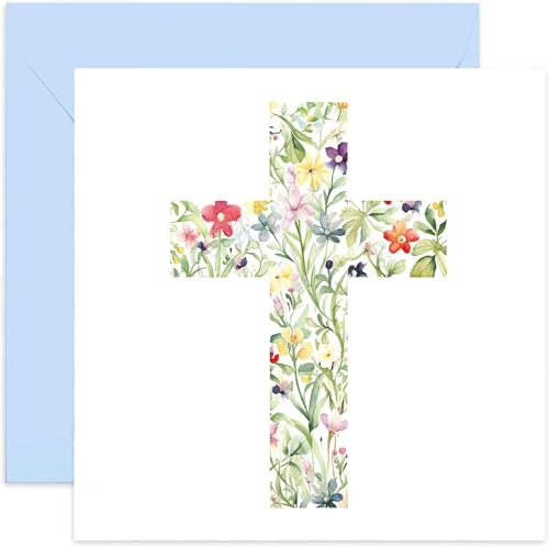 Old English Co. Easter Cross Artwork Greeting Card - Colourful Crucifix Religious Greeting Card for Baptism, Christening, First Holy Communion, Easter, Holiday - For Friends Family