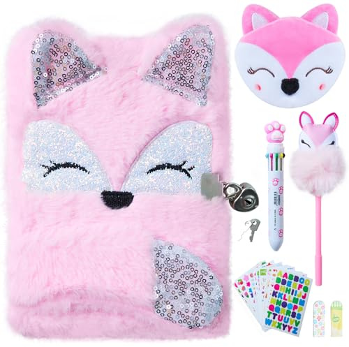 WIEWUSCH Gifts for 6 7 8 9 Year Old Girls, Diary with Lock for Girls - Journal Kit for Girls with Bookmarks Sticky Notes Pom Pom Pen Fuzzy Notebook (Fox Diary,Pink)