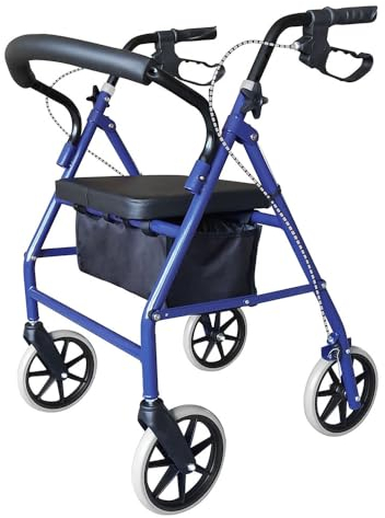 Lightweight Folding Mobility Aids, Mobility Walker Rollator 4 Wheel with Padded Seat, Lockable Brakes and Bag, Walking Frame for The Elderly or Disabled (Blue)